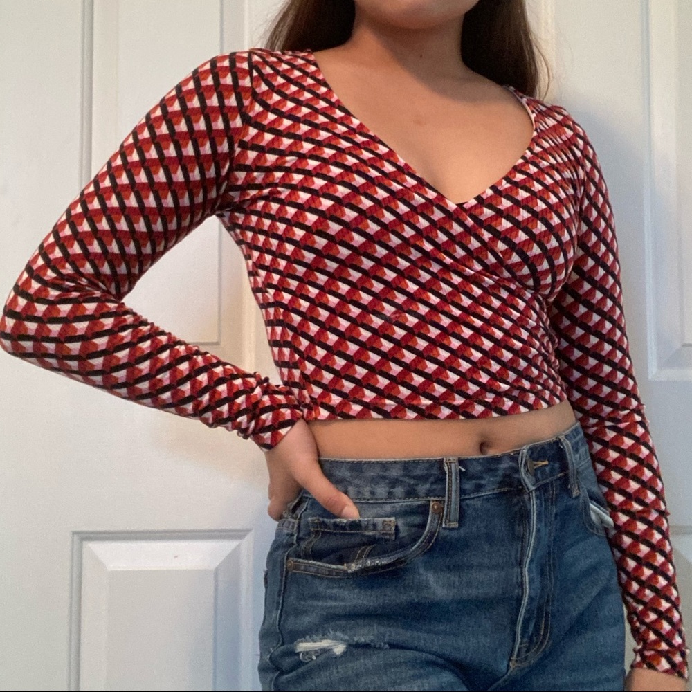 F21 geometric art deco faux wrap top